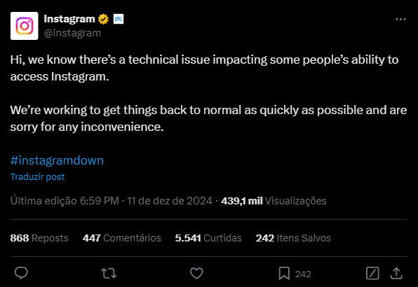 Pronunciamento META no X através do Instagram