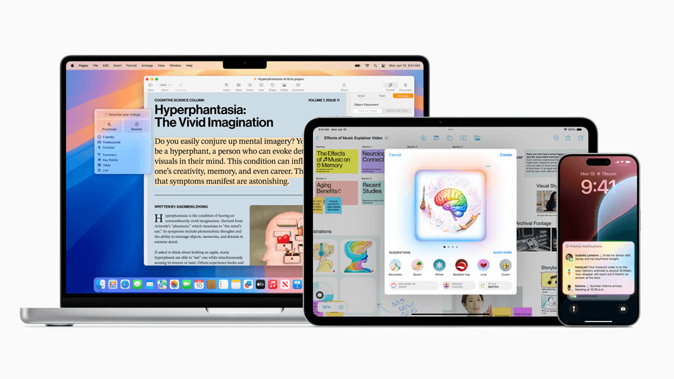 Dispositivos Apple demonstrando a nova apple AI